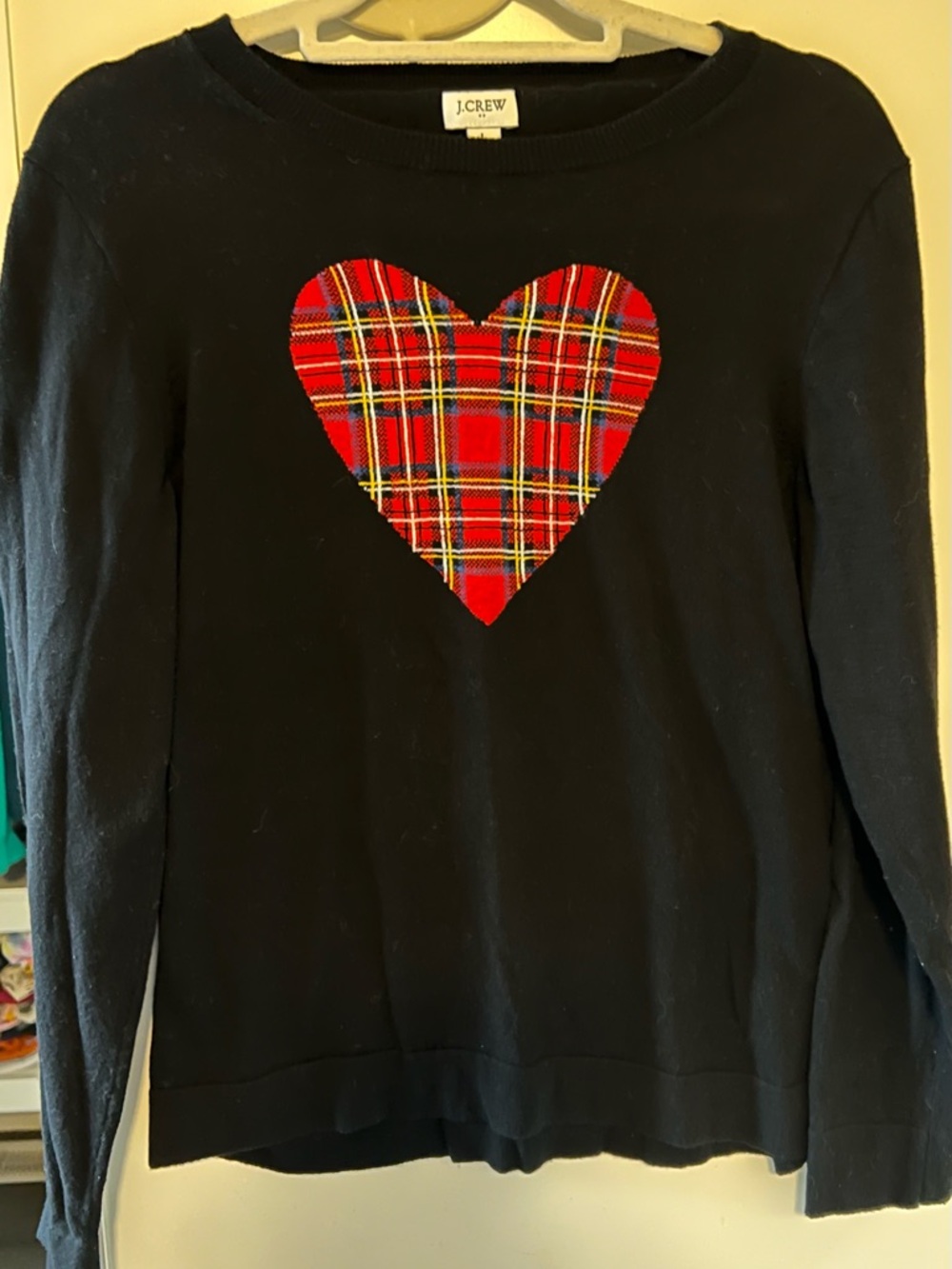 J. Crew Black Sweater with Red Plaid Heart